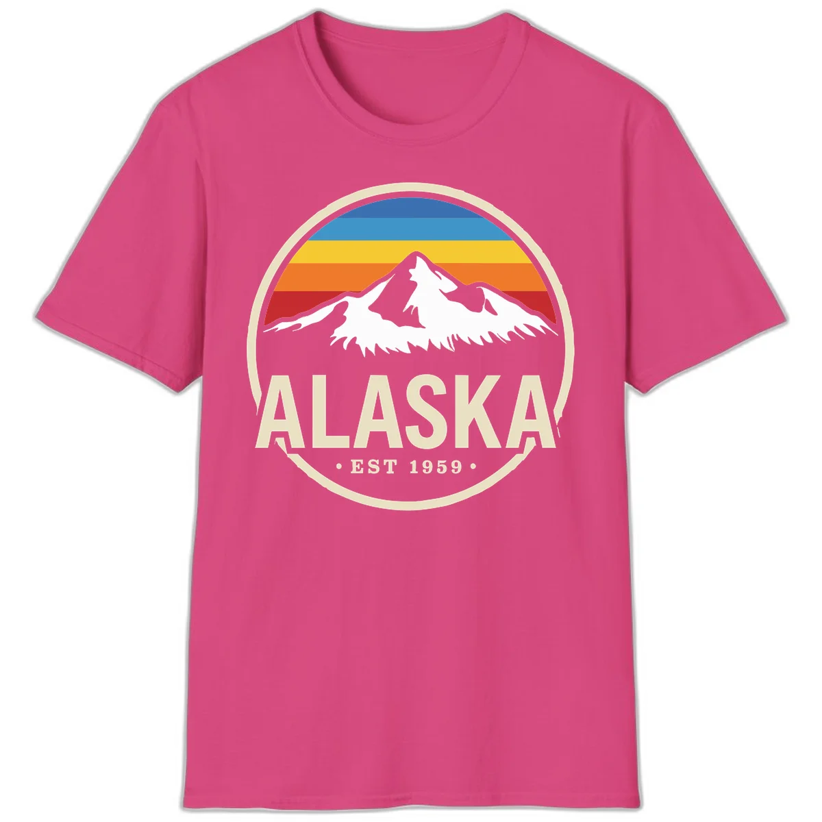 Retro Alaska Mountain And Statehood Year Badge T-Shirt in Heliconia