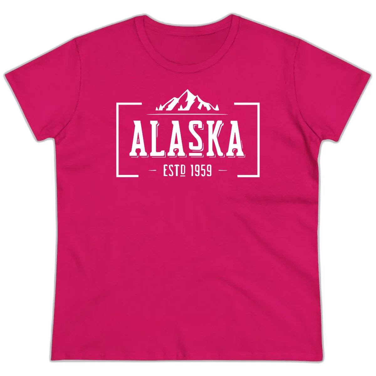 Alaska Mountain Vintage Badge Ladies Tee in Heliconia