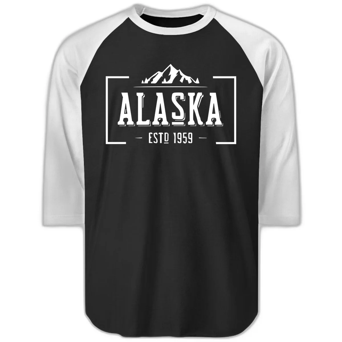 Alaska Mountain Vintage Badge Raglan 3/4 in Black White