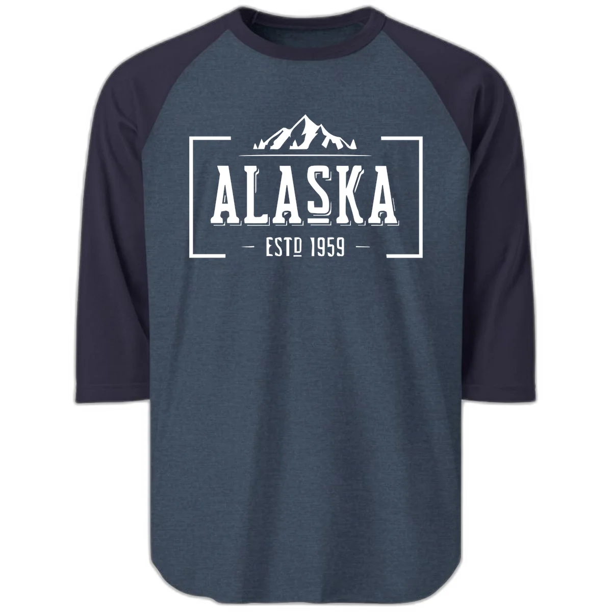 Alaska Mountain Vintage Badge Raglan 3/4 in Heather Denim Navy