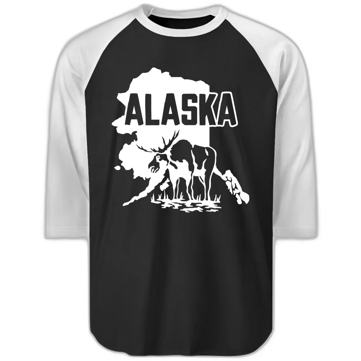 Alaska Wildlife & Map Adventure Raglan 3/4 in Black White