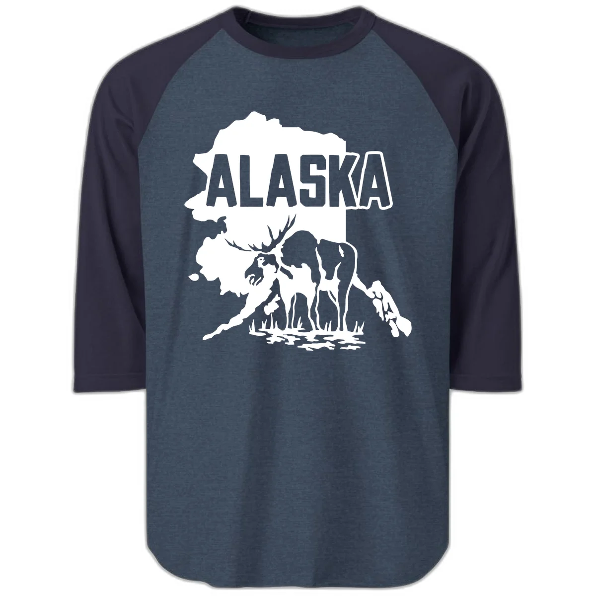 Alaska Wildlife & Map Adventure Raglan 3/4 in Heather Denim Navy