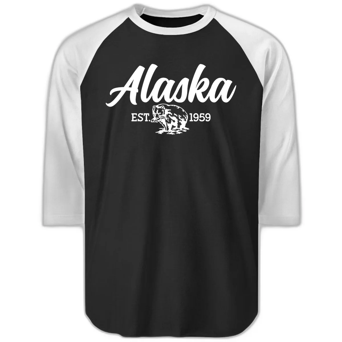Alaskan Bear Established 1959 Raglan 3/4 in Black White
