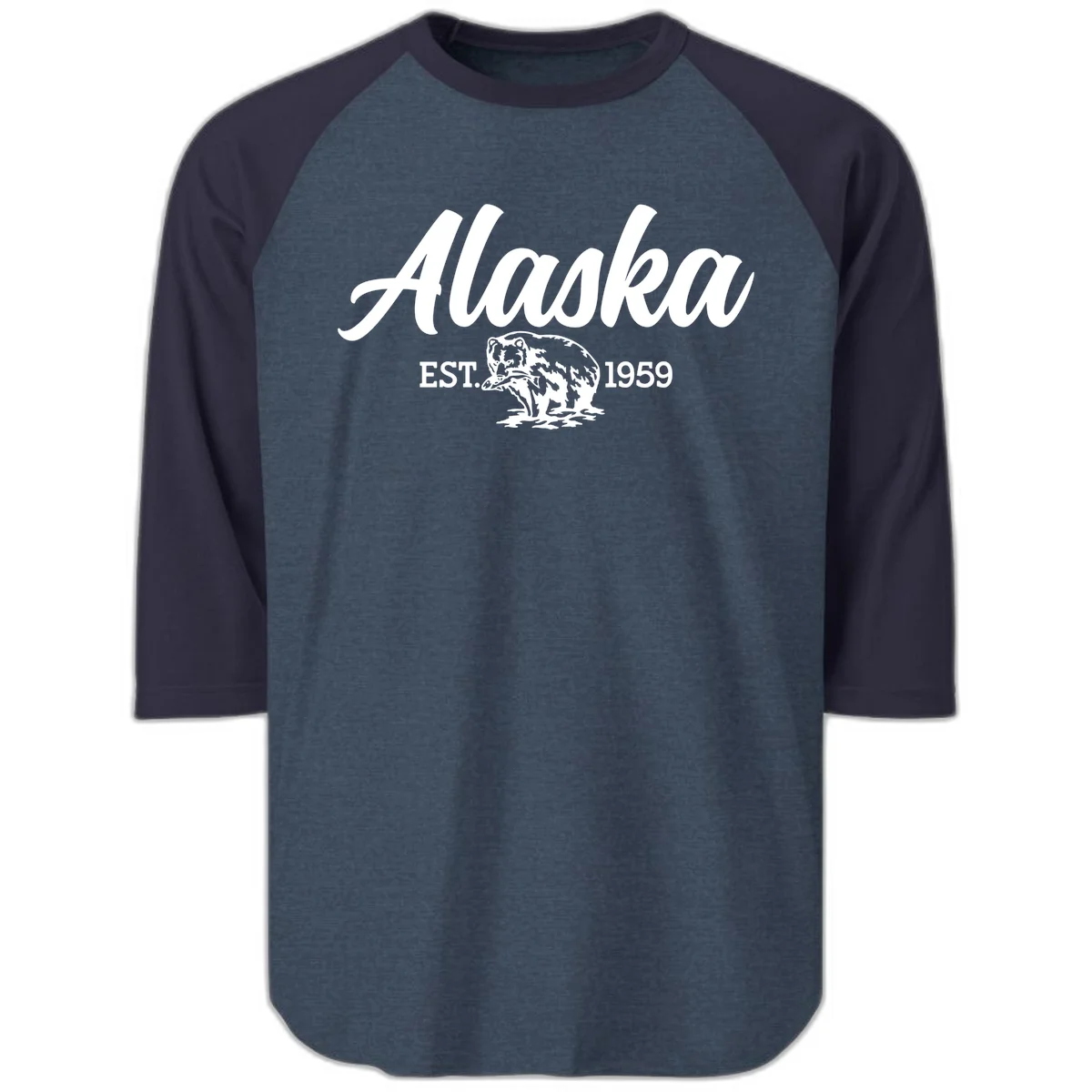 Alaskan Bear Established 1959 Raglan 3/4 in Heather Denim Navy