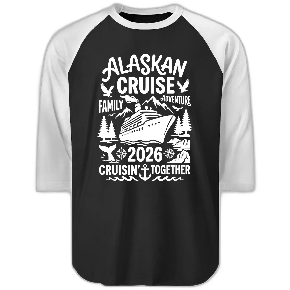 Alaskan Cruise Family Adventure 2026 Raglan 3/4 in Black White