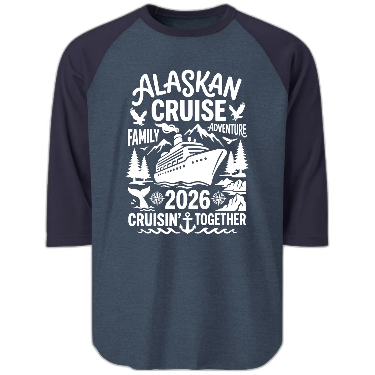 Alaskan Cruise Family Adventure 2026 Raglan 3/4 in Heather Denim Navy