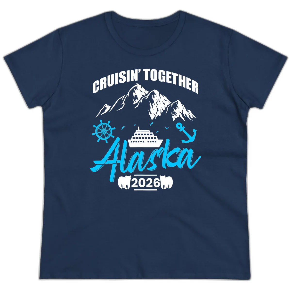 All Aboard Nautical Cruise Design Ladies Tee in Navy