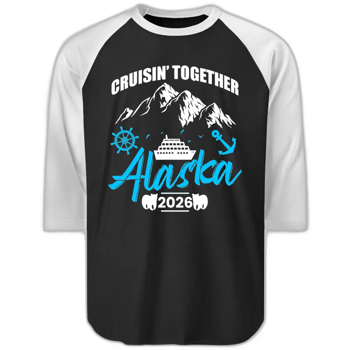All Aboard Nautical Cruise Design Raglan 3/4 in Black White