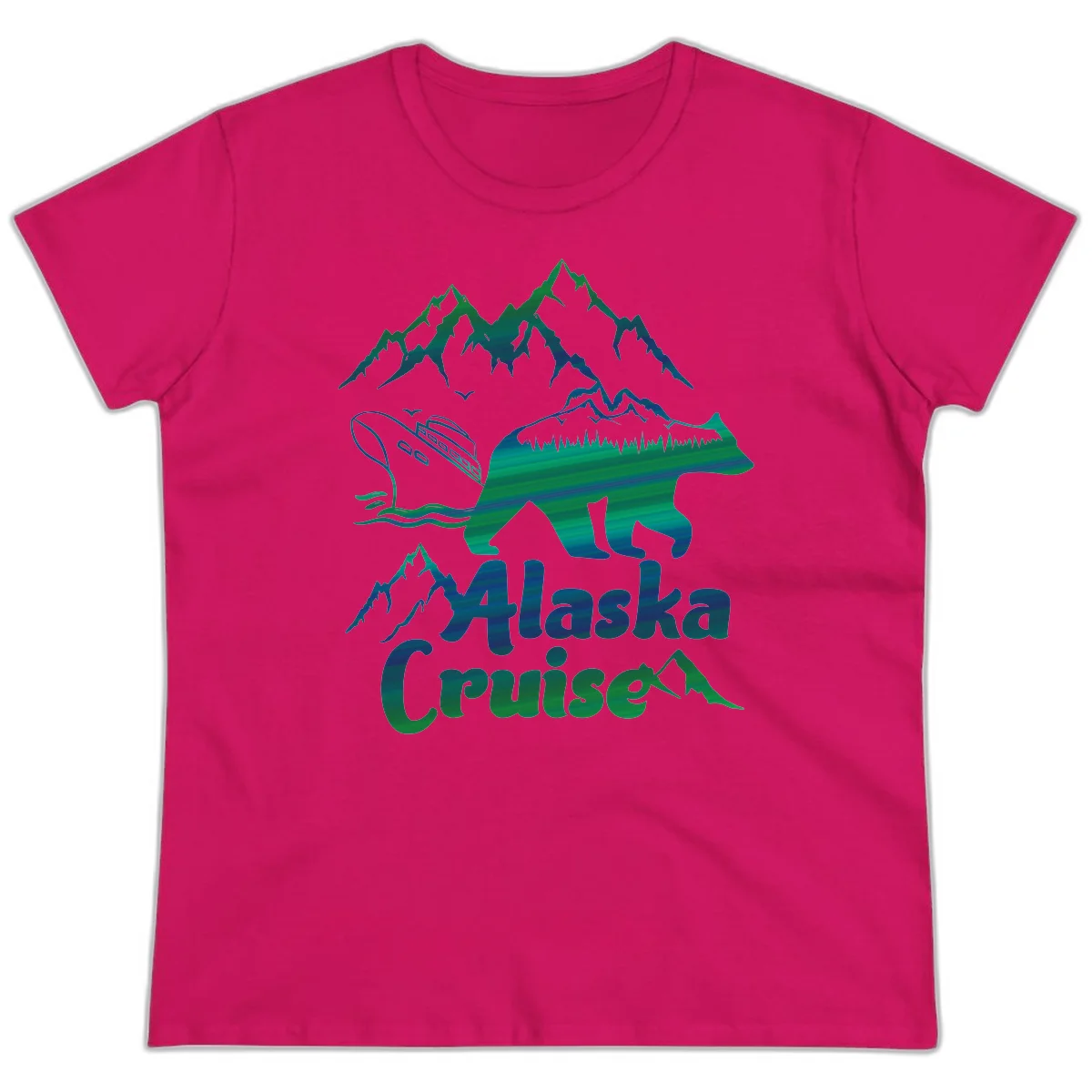Alaska Cruise Bear Adventure Ladies Tee in Heliconia