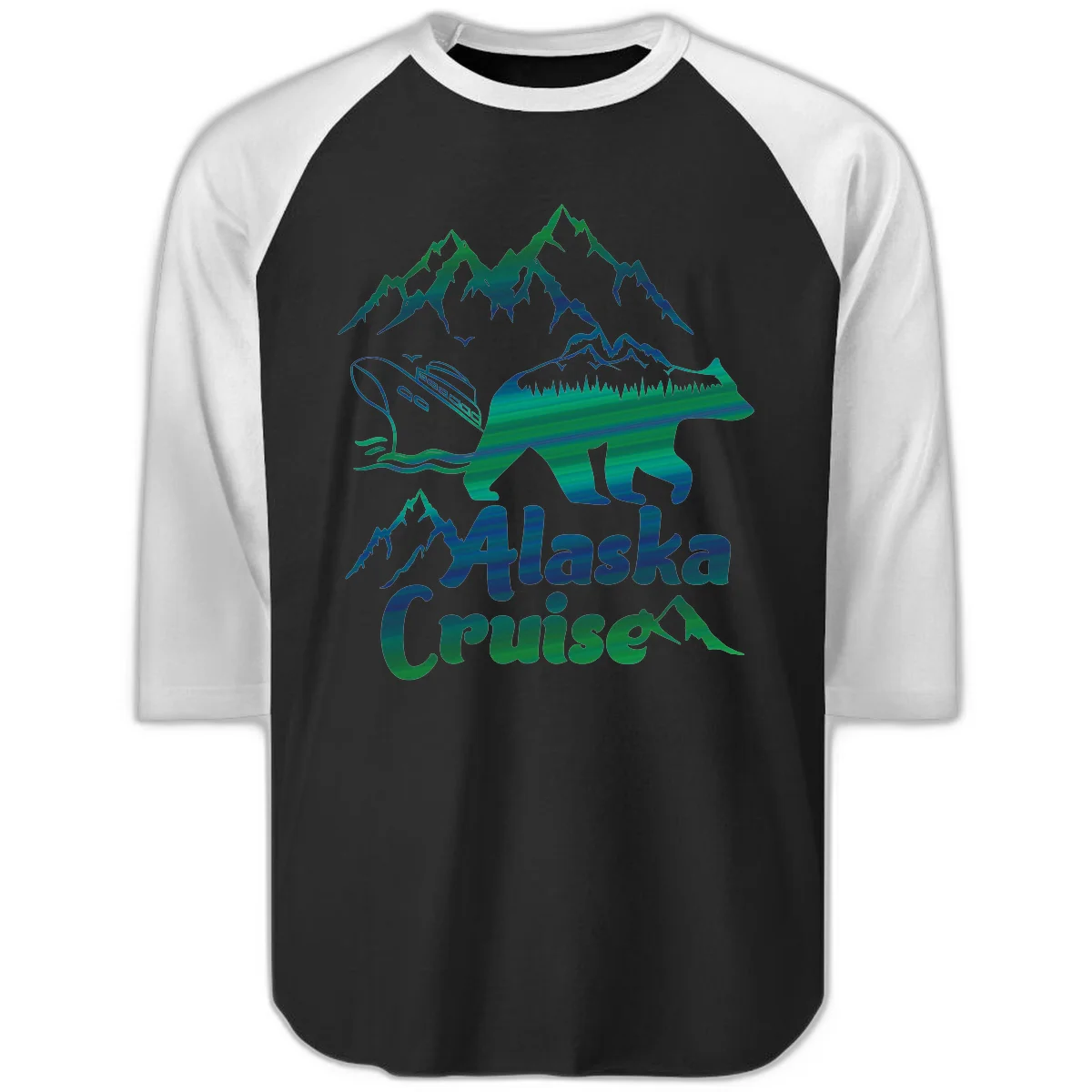 Alaska Cruise Bear Adventure Raglan 3/4 in Black White