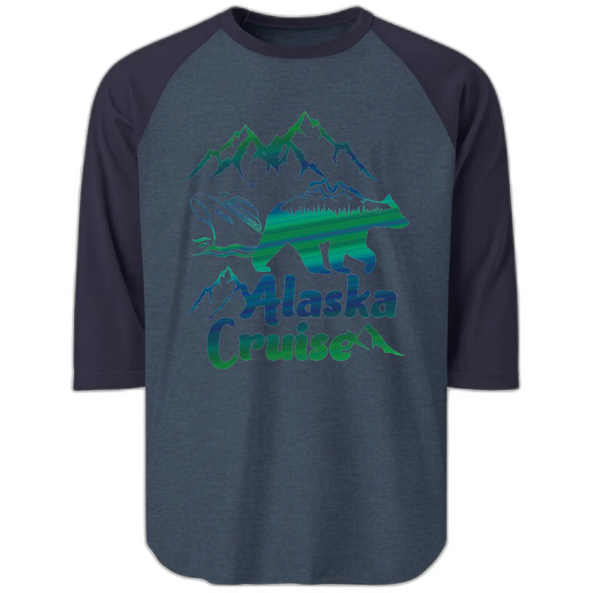 Alaska Cruise Bear Adventure Raglan 3/4 in Heather Denim Navy