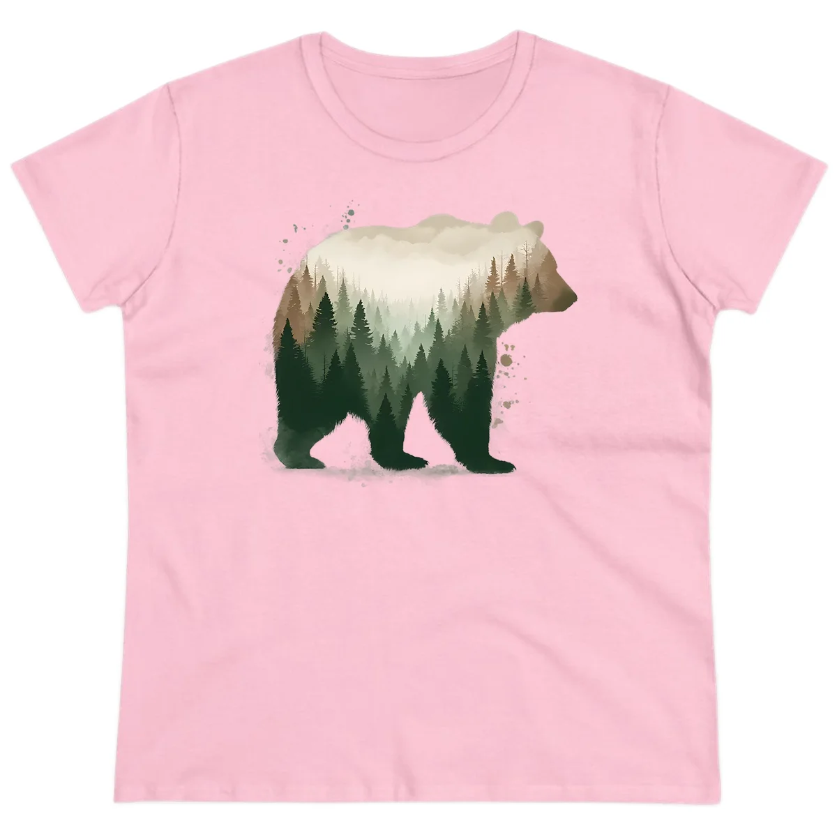 Bear in the Forest Double Exposure Ladies Tee in Light Pink