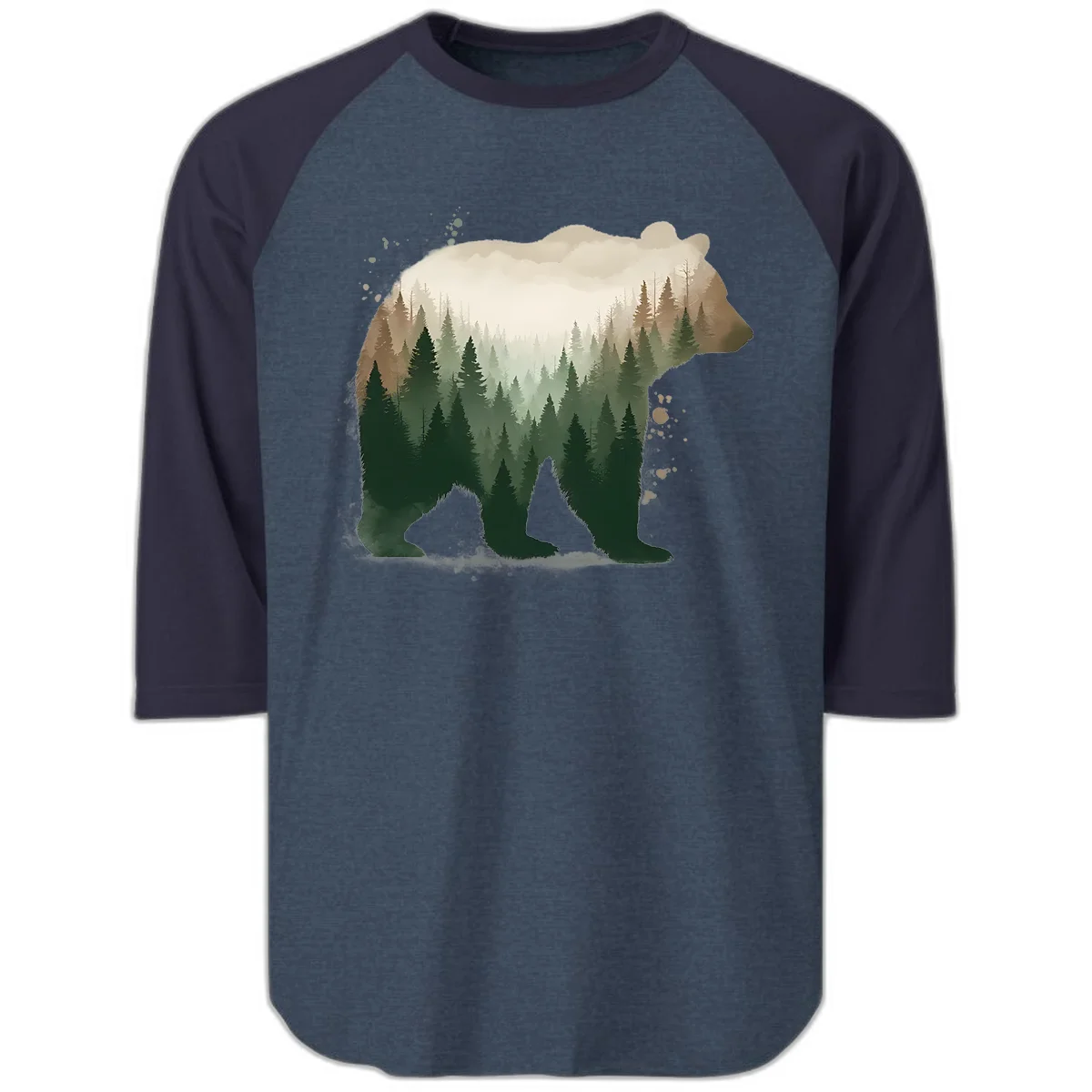 Bear in the Forest Double Exposure Raglan 3/4 in Heather Denim Navy