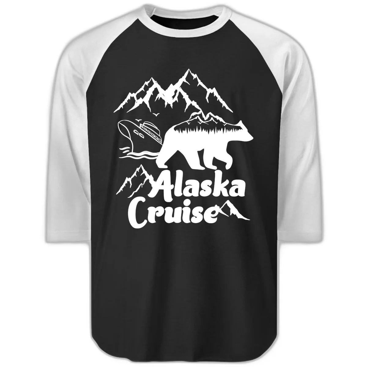 Alaska Cruise Bear Mountain Adventure Raglan 3/4 in Black White
