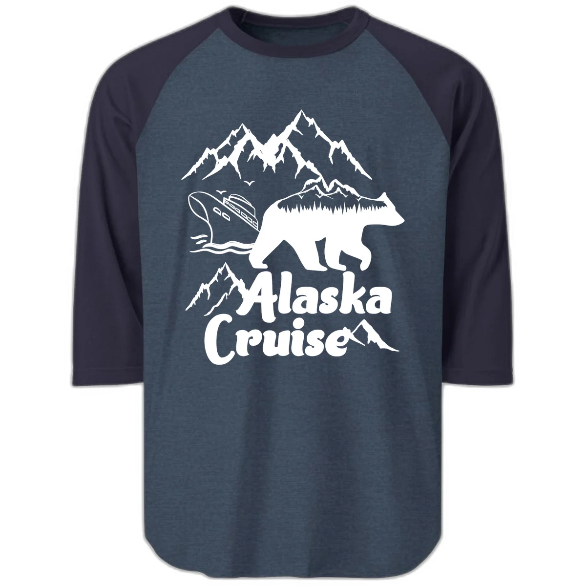 Alaska Cruise Bear Mountain Adventure Raglan 3/4 in Heather Denim Navy