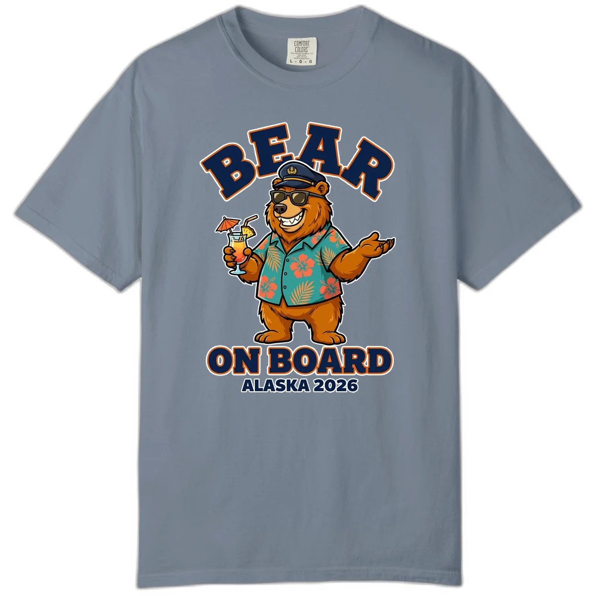 Bear On Board Alaska 2026 Cruise Comfort Color T-Shirt in Blue Jean