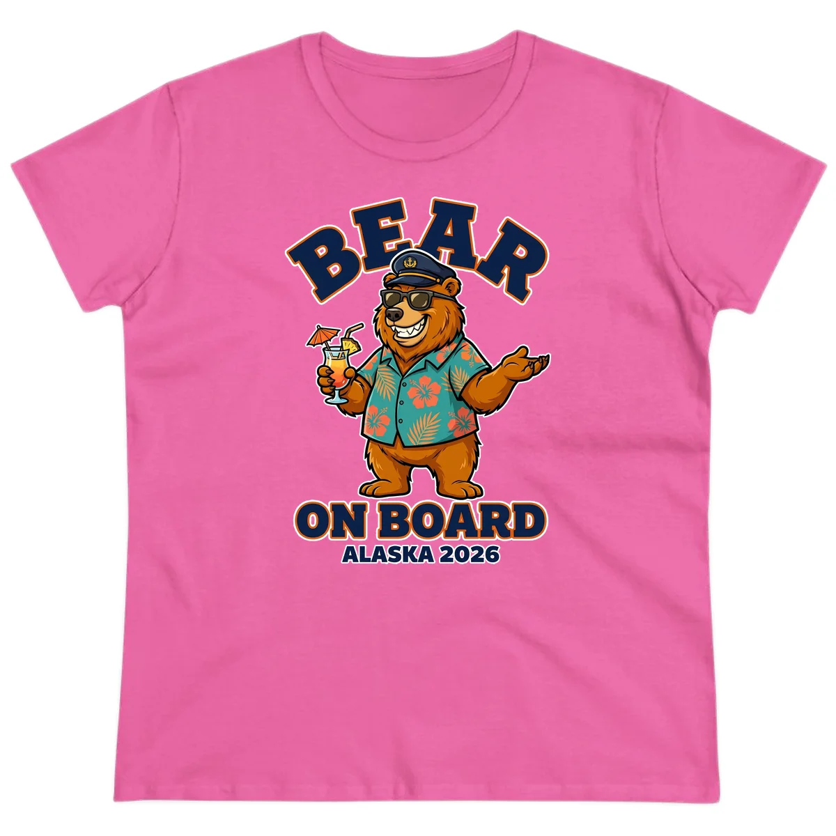 Bear On Board Alaska 2026 Cruise Vacation Ladies Tee in Azalea