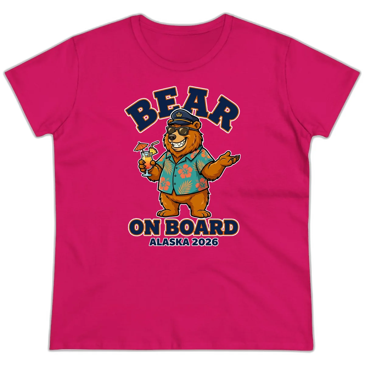 Bear On Board Alaska 2026 Cruise Vacation Ladies Tee in Heliconia