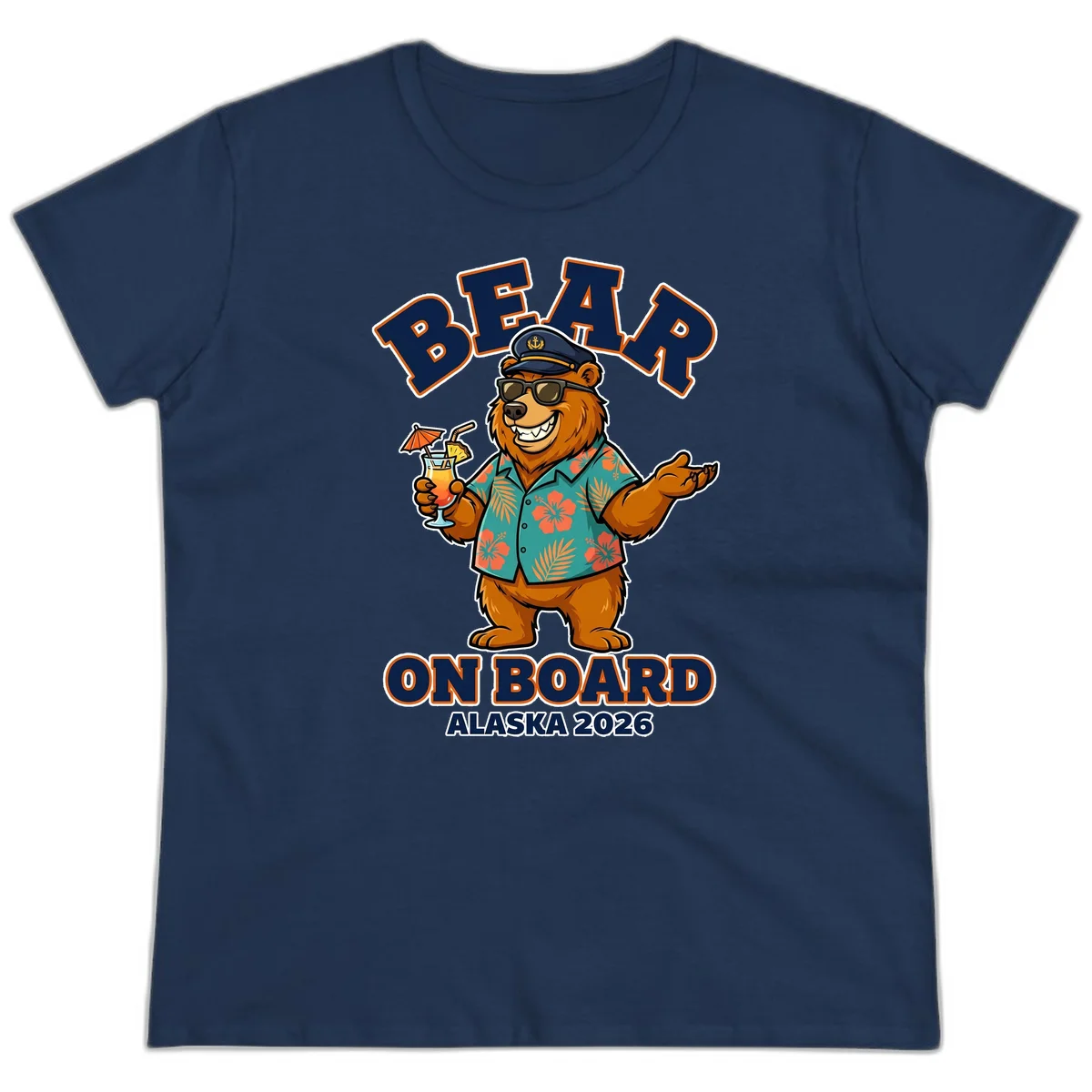 Bear On Board Alaska 2026 Cruise Vacation Ladies Tee in Navy