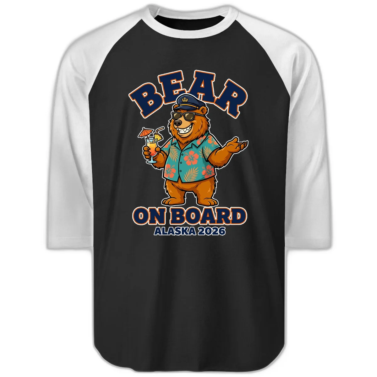 Bear On Board Alaska 2026 Cruise Vacation Raglan 3/4 Sleeve in Black White