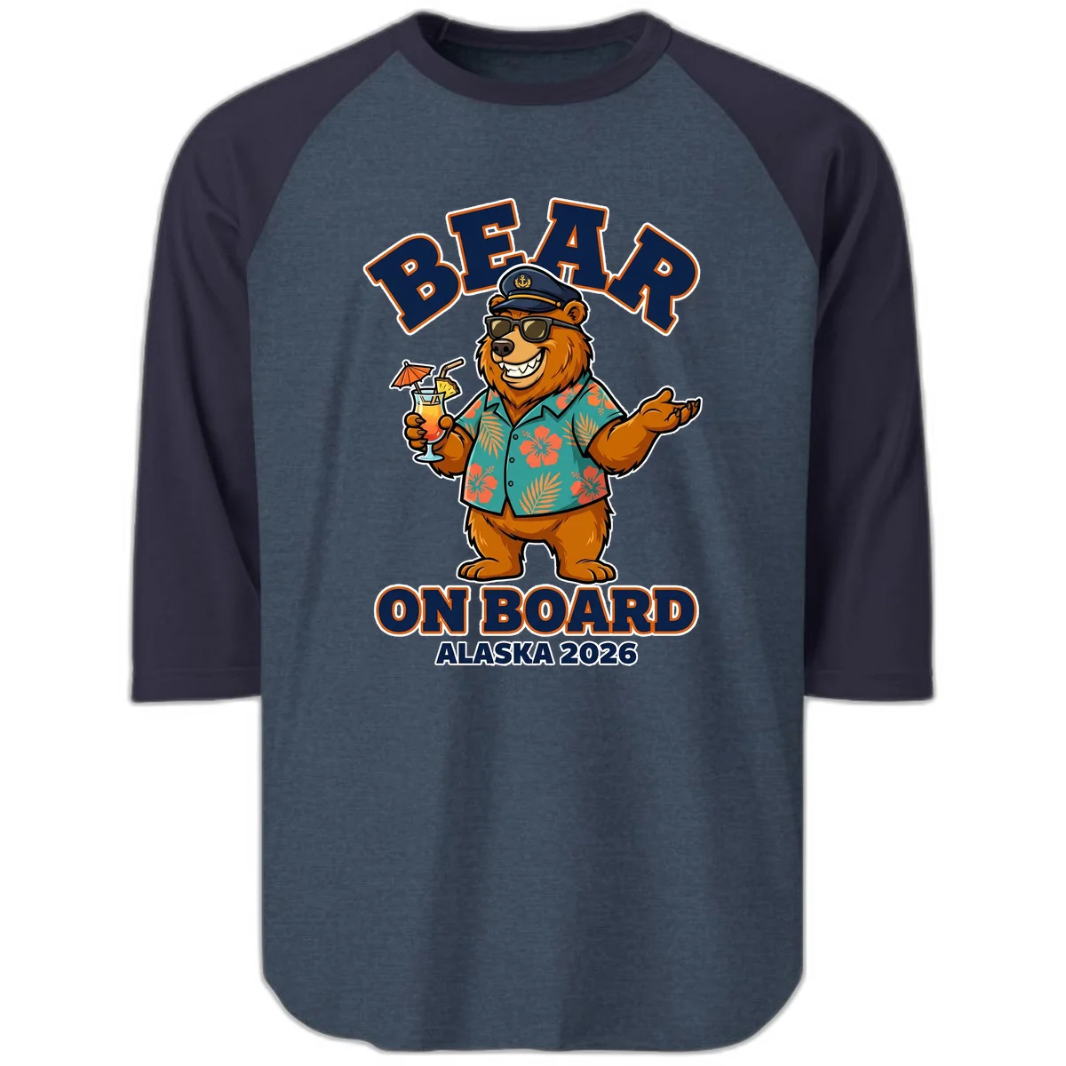 Bear On Board Alaska 2026 Cruise Vacation Raglan 3/4 Sleeve in Heather Denim Navy