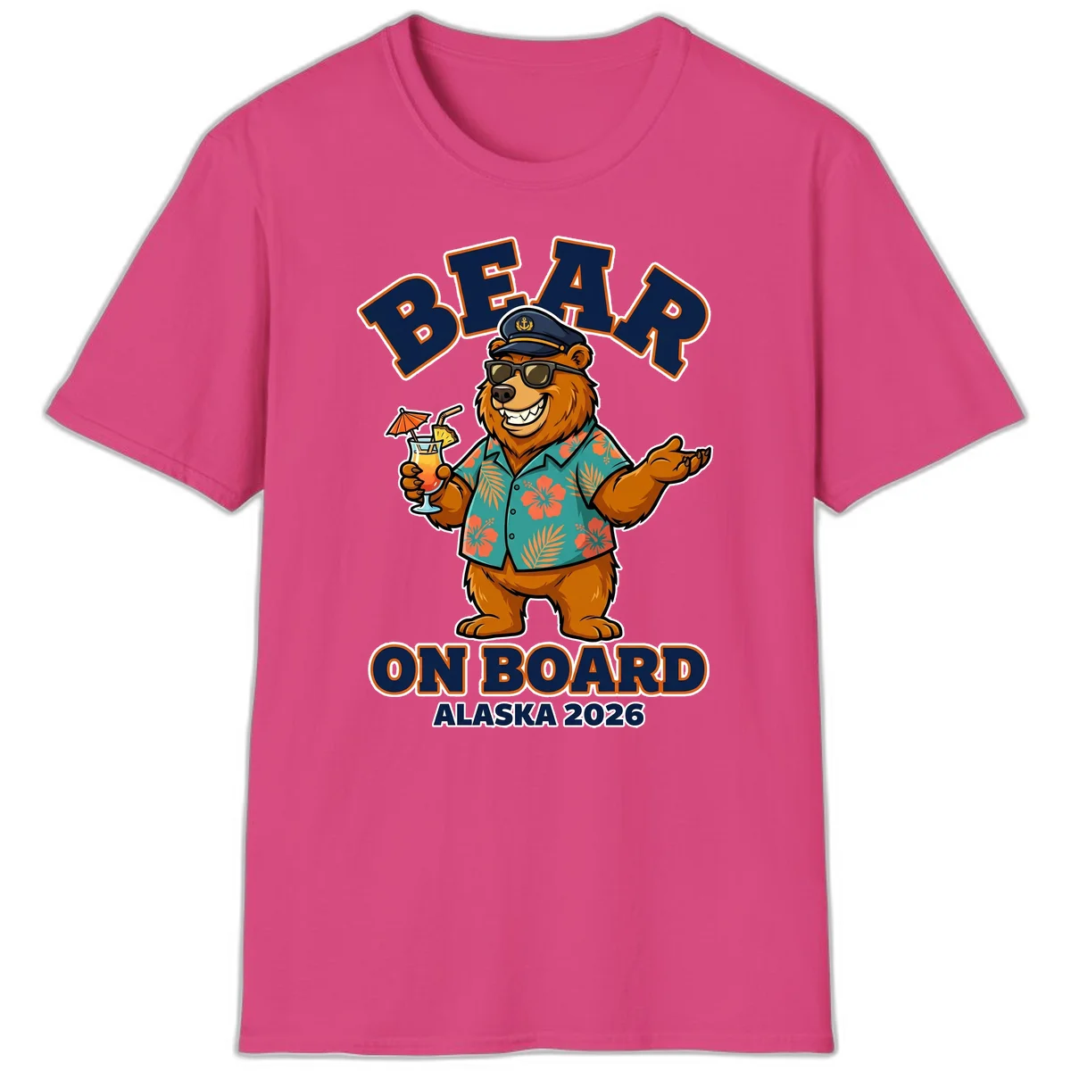 Bear On Board Alaska 2026 Cruise Vacation T-Shirt in Heliconia