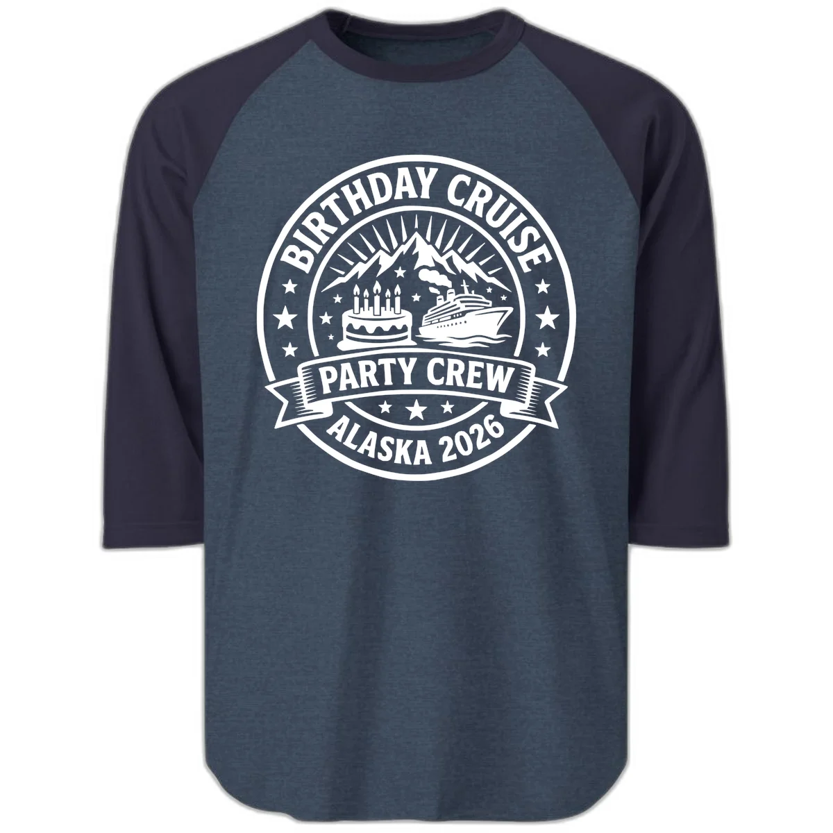 Birthday Cruise Party Crew Alaska 2026 Raglan 3/4 in Heather Denim Navy