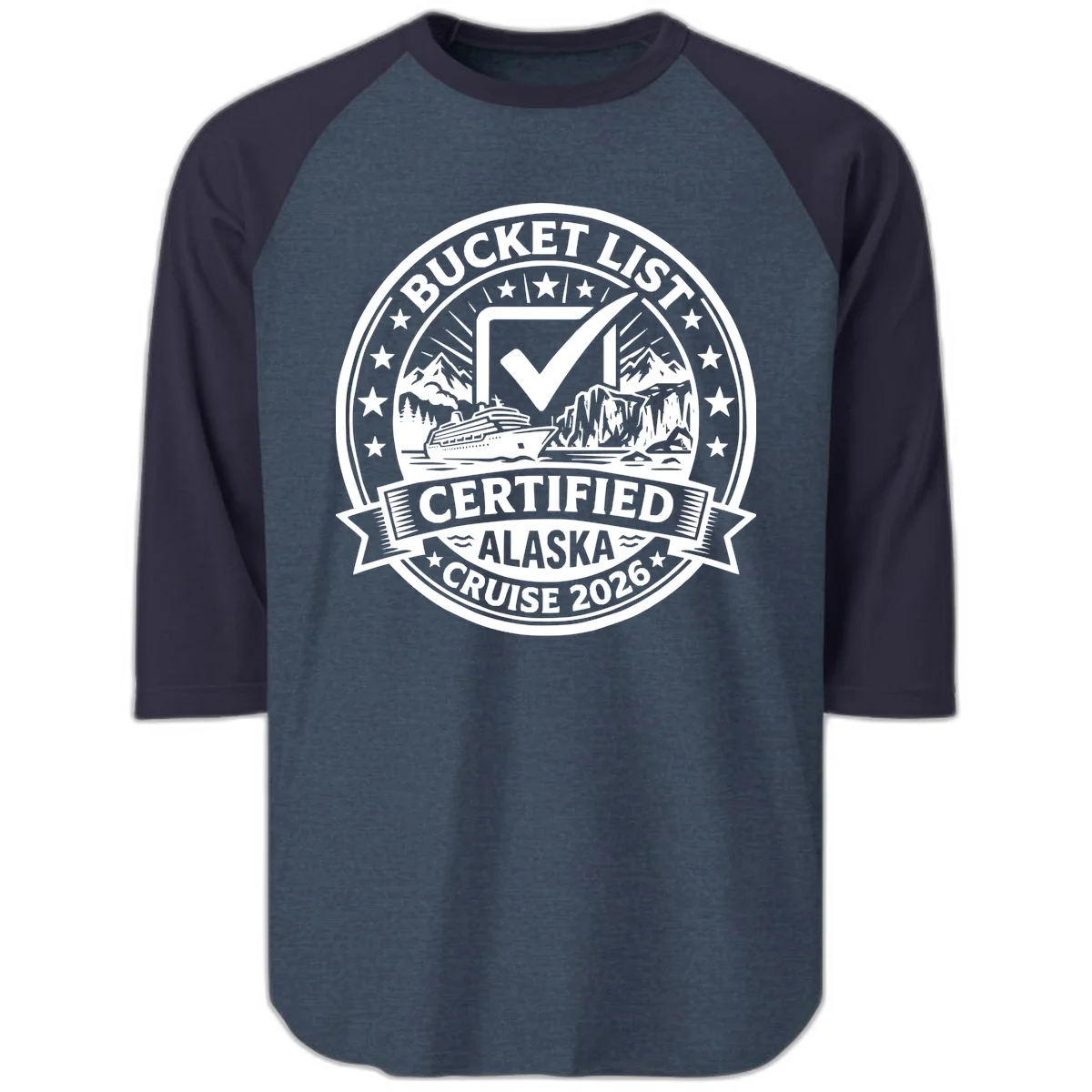Bucket List Certified Alaska Cruise 2026 Raglan 3/4 in Heather Denim Navy