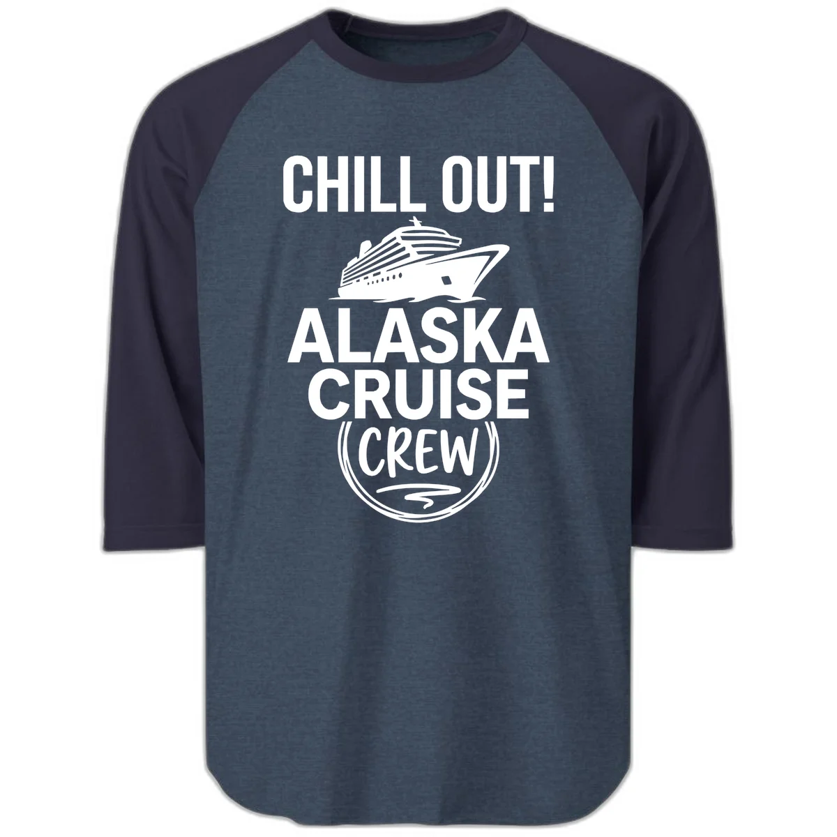 Chill Out Alaska Cruise Crew Raglan 3/4 in Heather Denim Navy