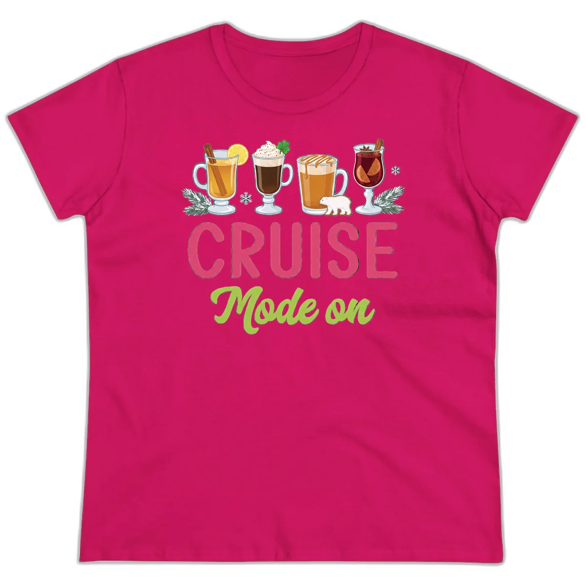 Cruise Mode On Holiday Drinks Ladies Tee in Heliconia