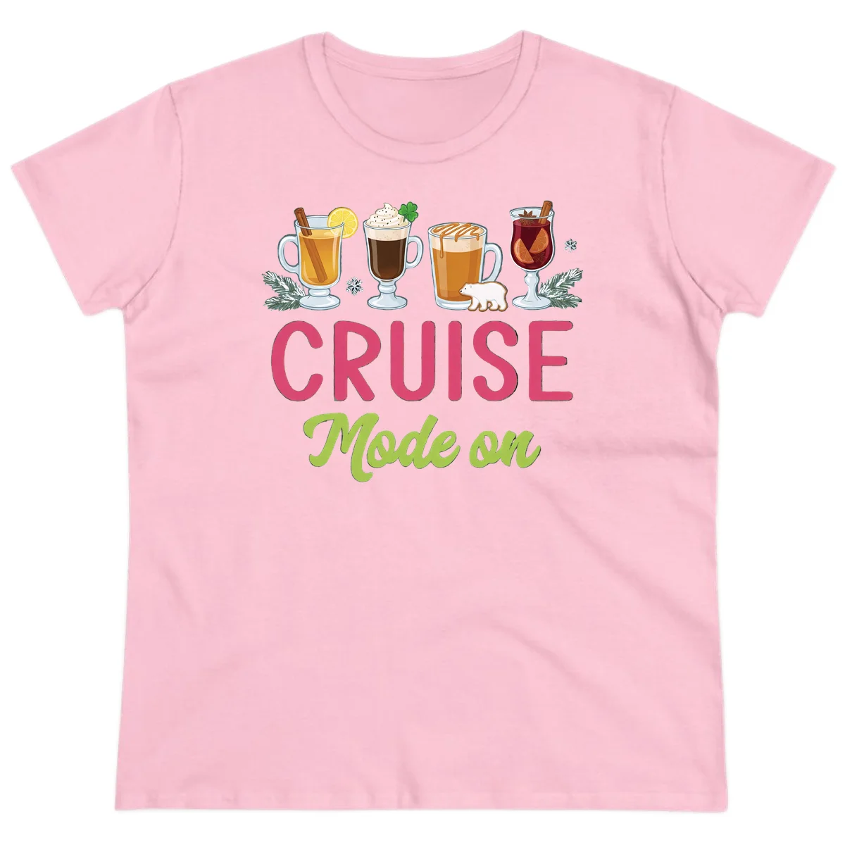 Cruise Mode On Holiday Drinks Ladies Tee in Light Pink