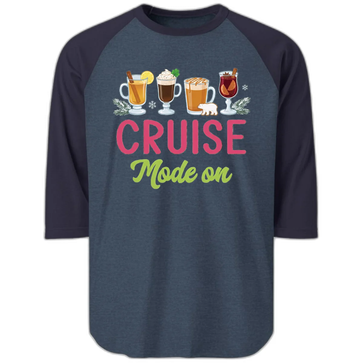 Cruise Mode On Holiday Drinks Raglan 3/4 in Heather Denim Navy