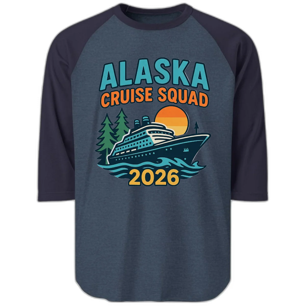 Alaska Cruise Squad 2026 Raglan 3/4 in Heather Denim Navy