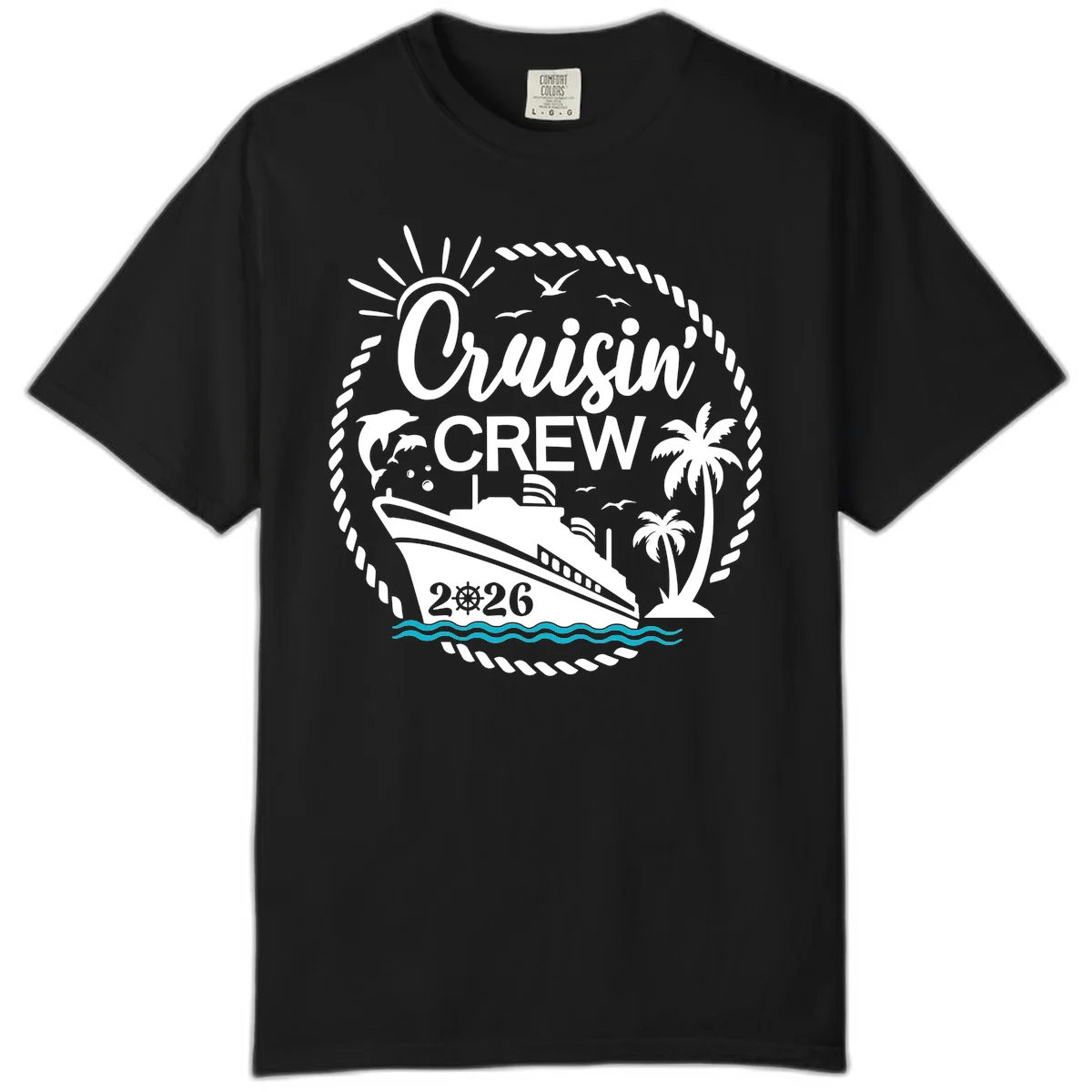 Cruisin' Crew 2026 Tropical Nautical Badge Comfort Color Tee in Black