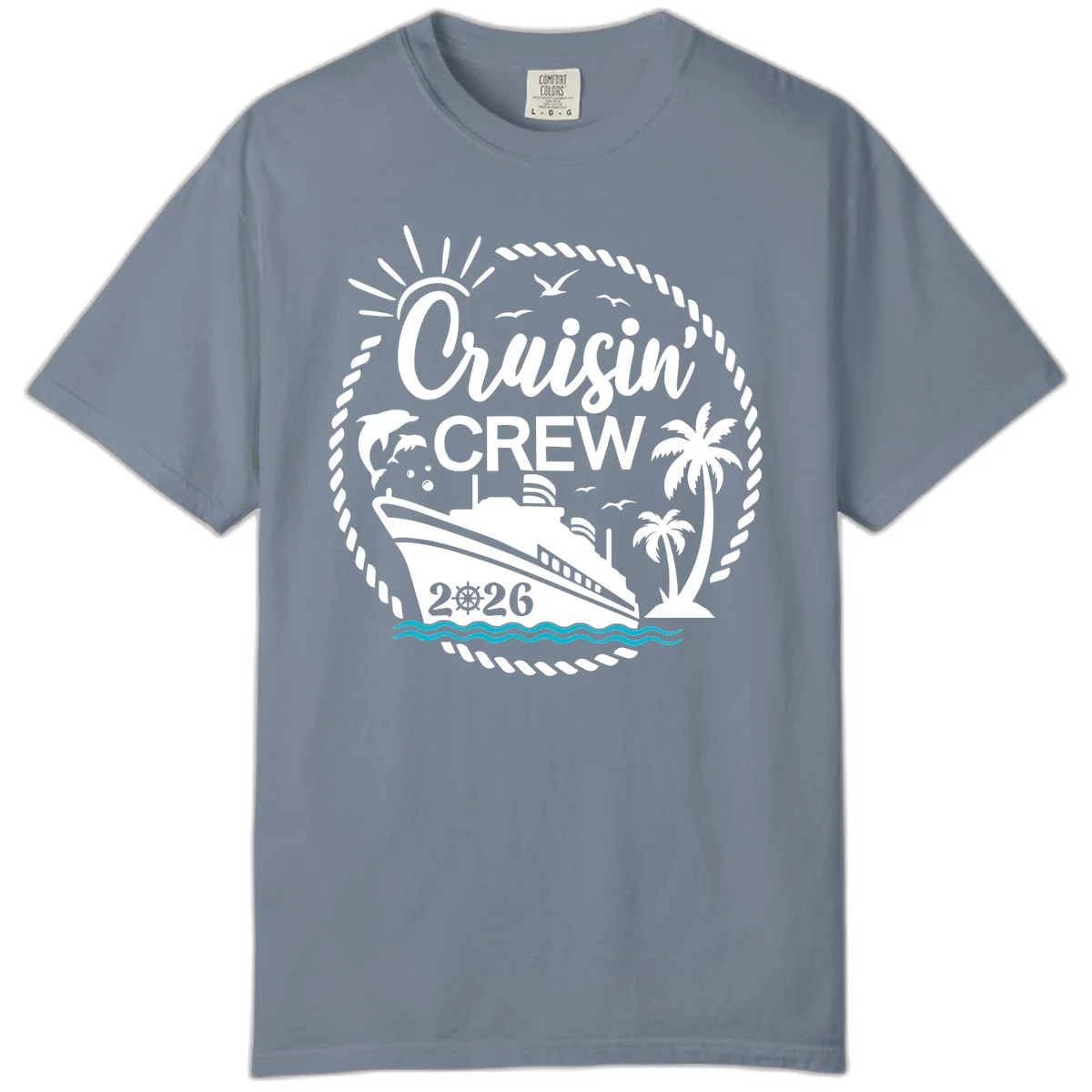 Cruisin' Crew 2026 Tropical Nautical Badge Comfort Color Tee in Blue Jean