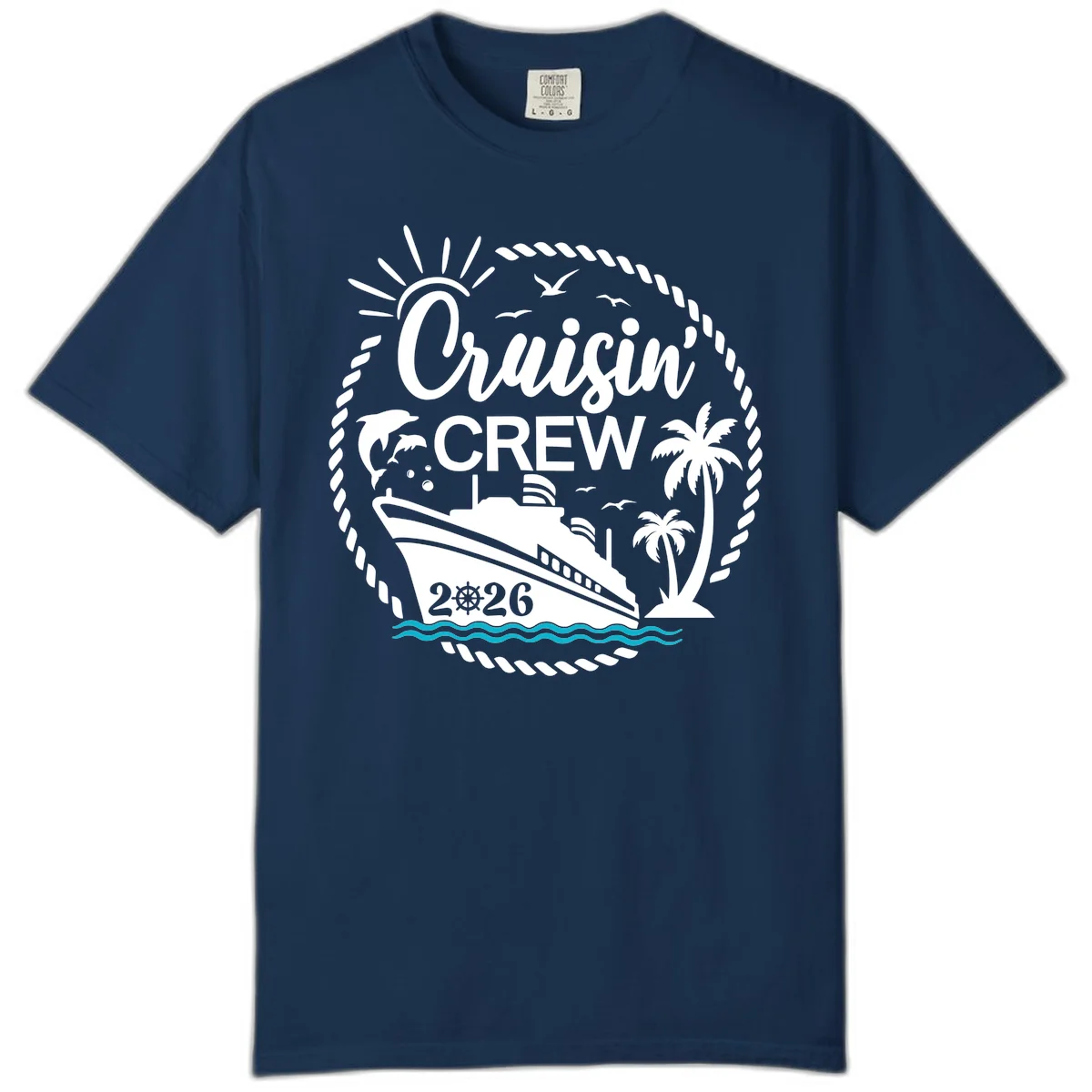 Cruisin' Crew 2026 Tropical Nautical Badge Comfort Color Tee in Navy