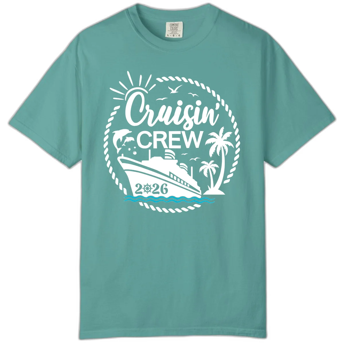 Cruisin' Crew 2026 Tropical Nautical Badge Comfort Color Tee in Seafoam