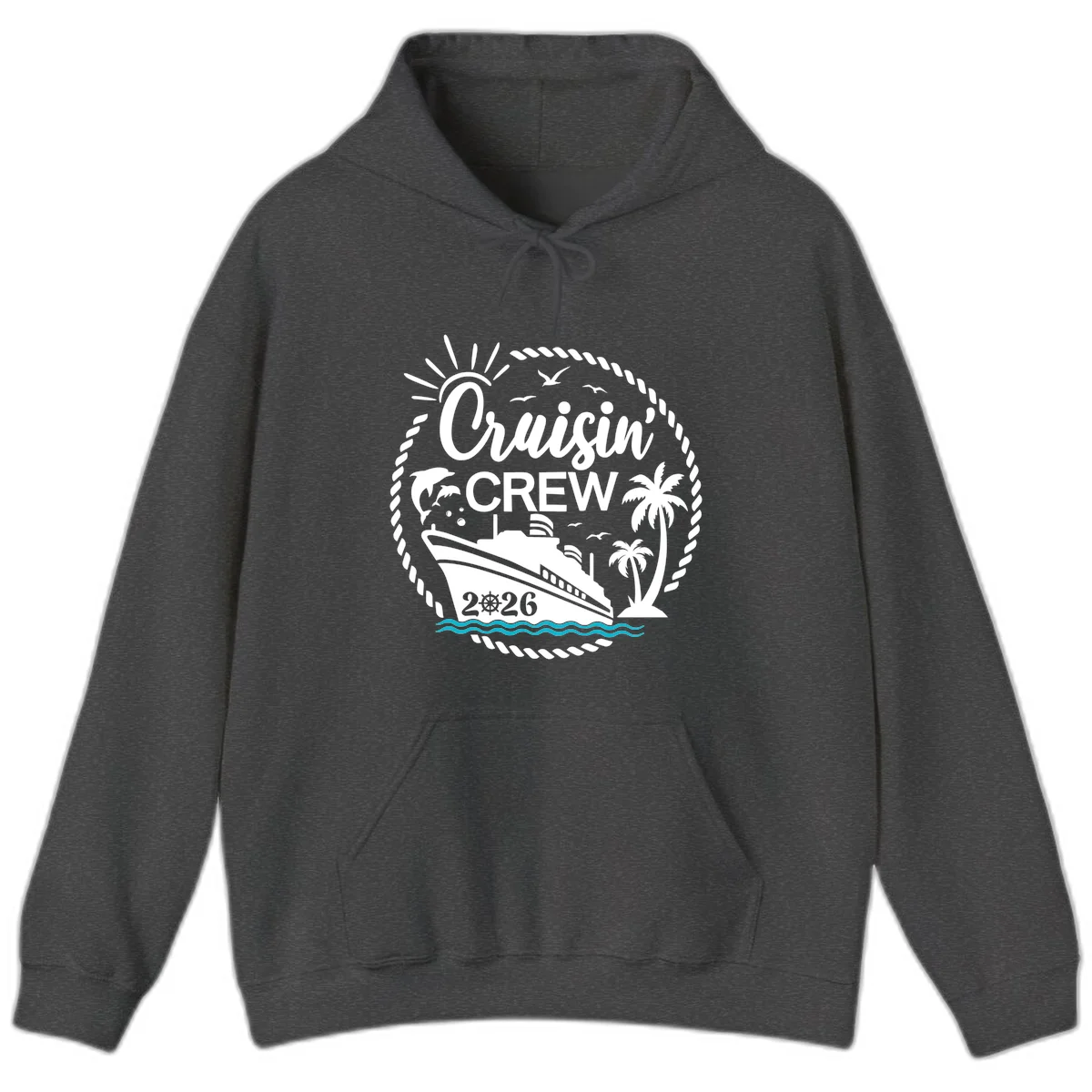 Cruisin' Crew 2026 Tropical Nautical Badge Hoodie in Dark Heather