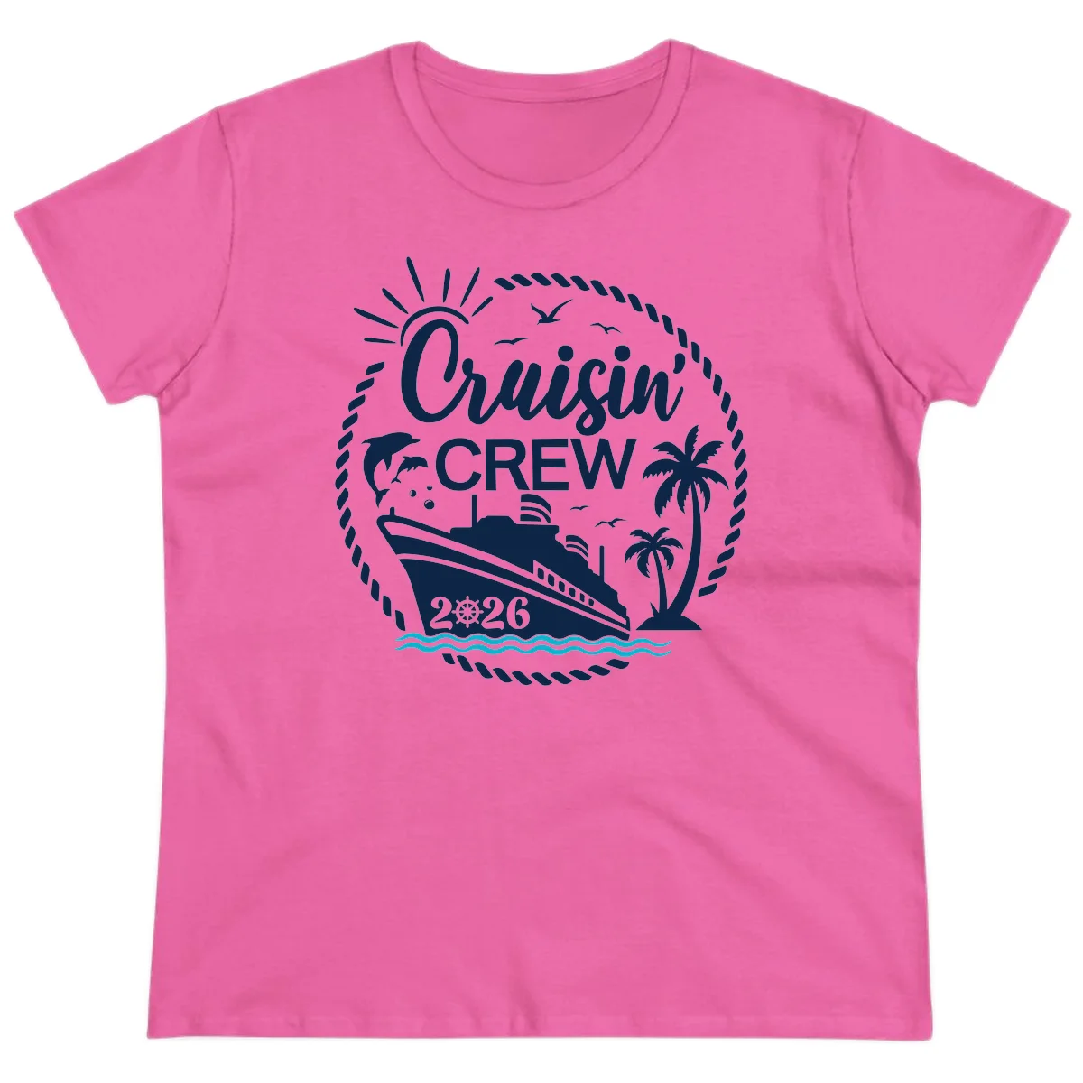 Cruisin' Crew 2026 Tropical Nautical Badge Ladies Tee in Azalea