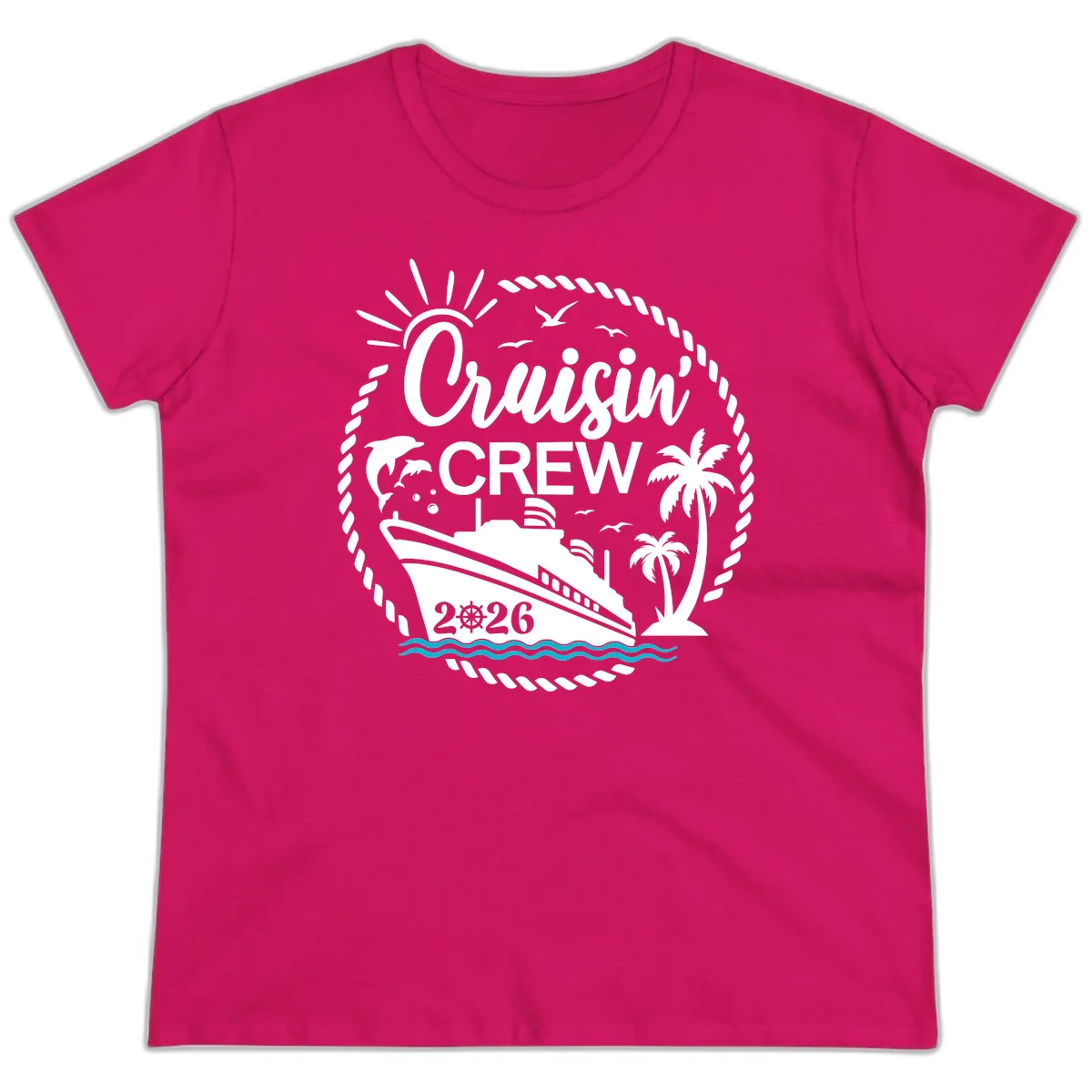 Cruisin' Crew 2026 Tropical Nautical Badge Ladies Tee in Heliconia
