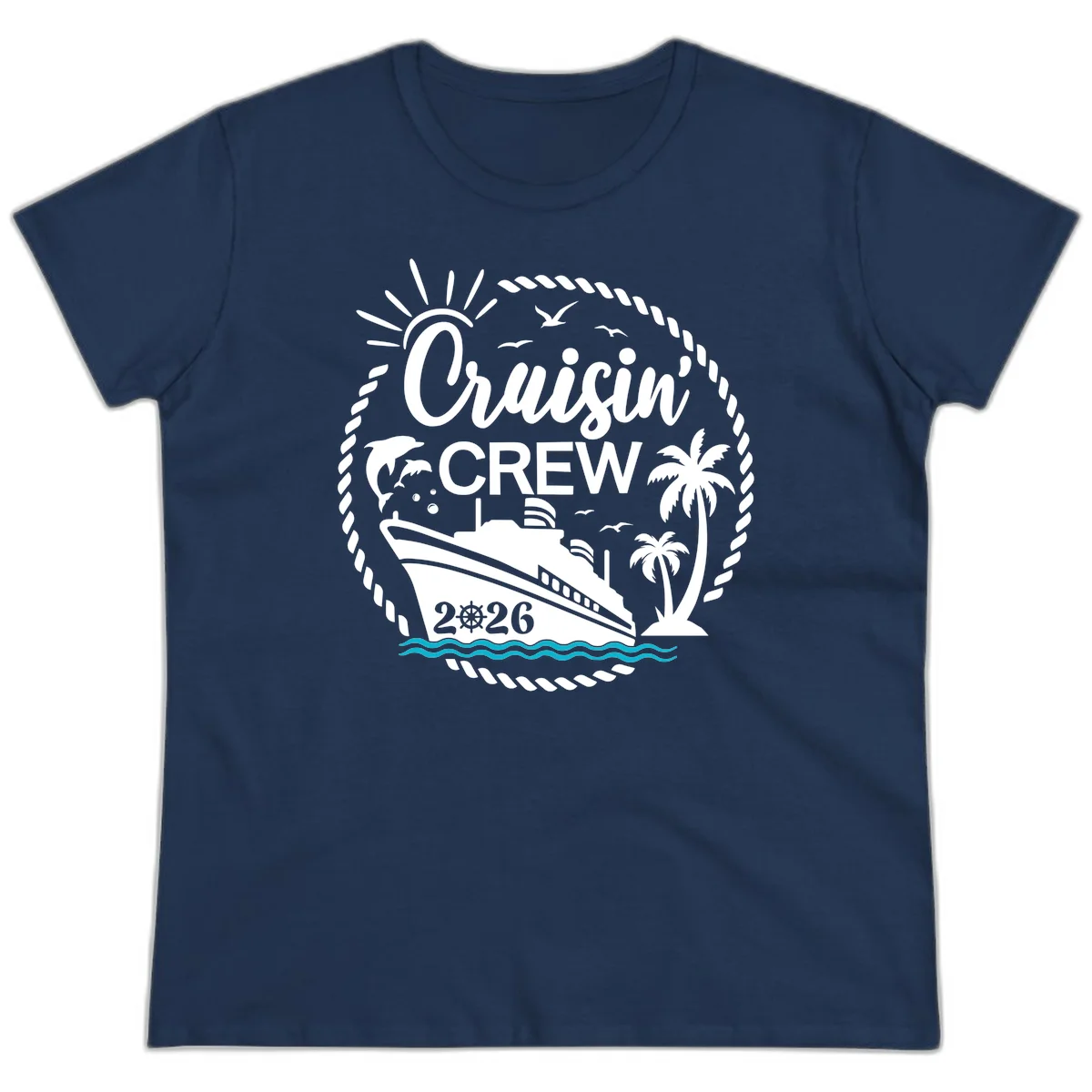 Cruisin' Crew 2026 Tropical Nautical Badge Ladies Tee in Navy