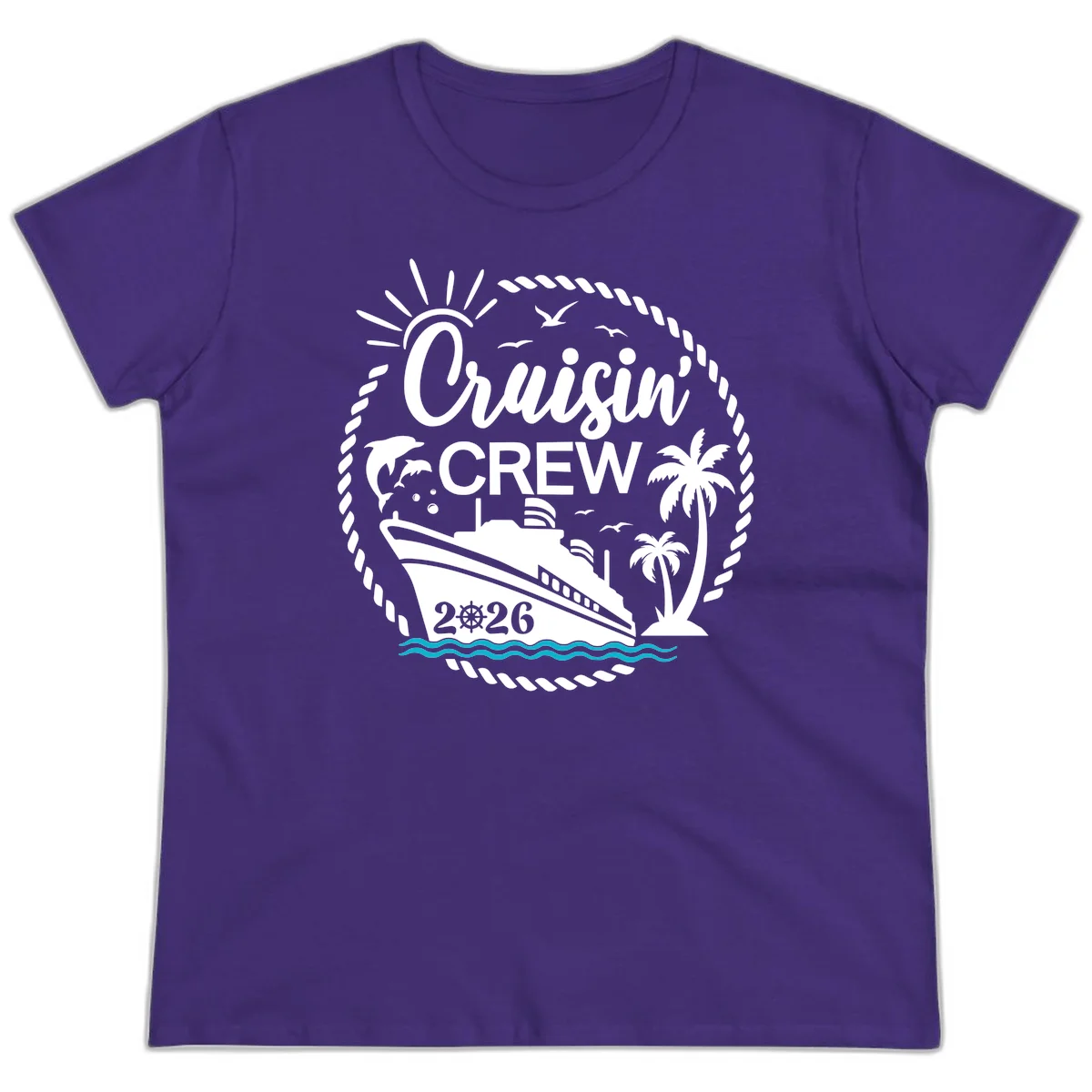 Cruisin' Crew 2026 Tropical Nautical Badge Ladies Tee in Purple