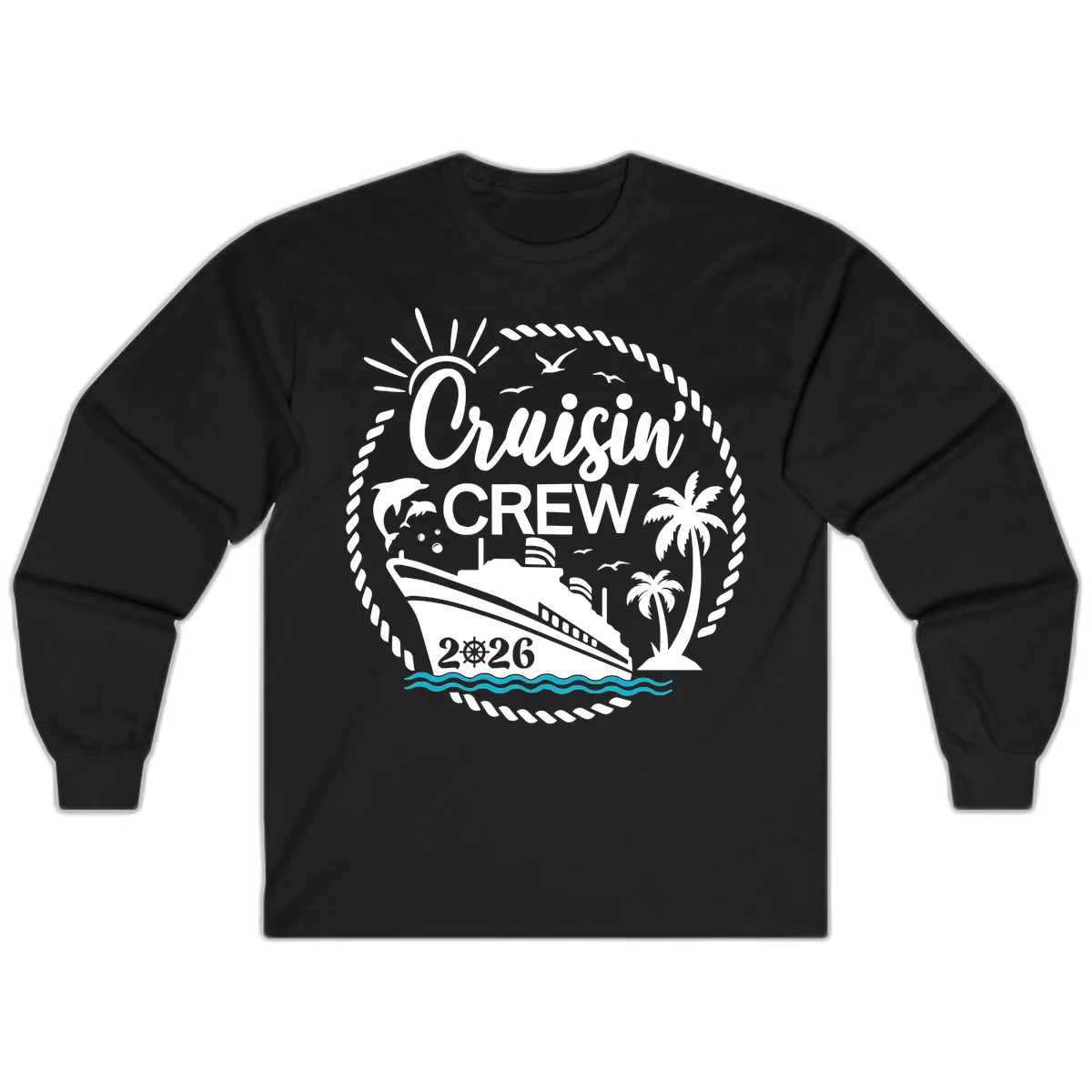 Cruisin' Crew 2026 Tropical Nautical Badge Long Sleeve Tee in Black
