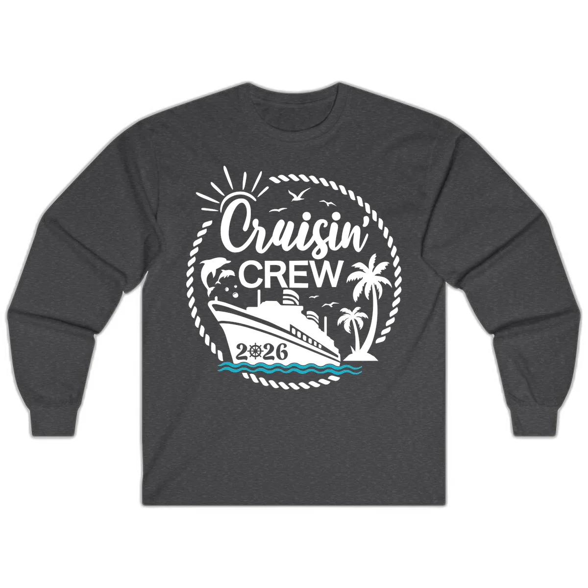 Cruisin' Crew 2026 Tropical Nautical Badge Long Sleeve Tee in Dark Heather