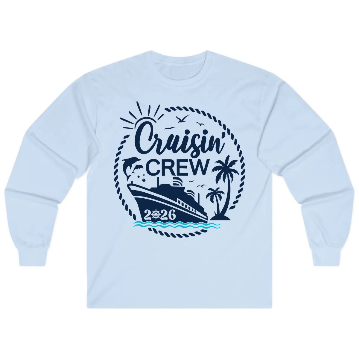 Cruisin' Crew 2026 Tropical Nautical Badge Long Sleeve Tee in Light Blue
