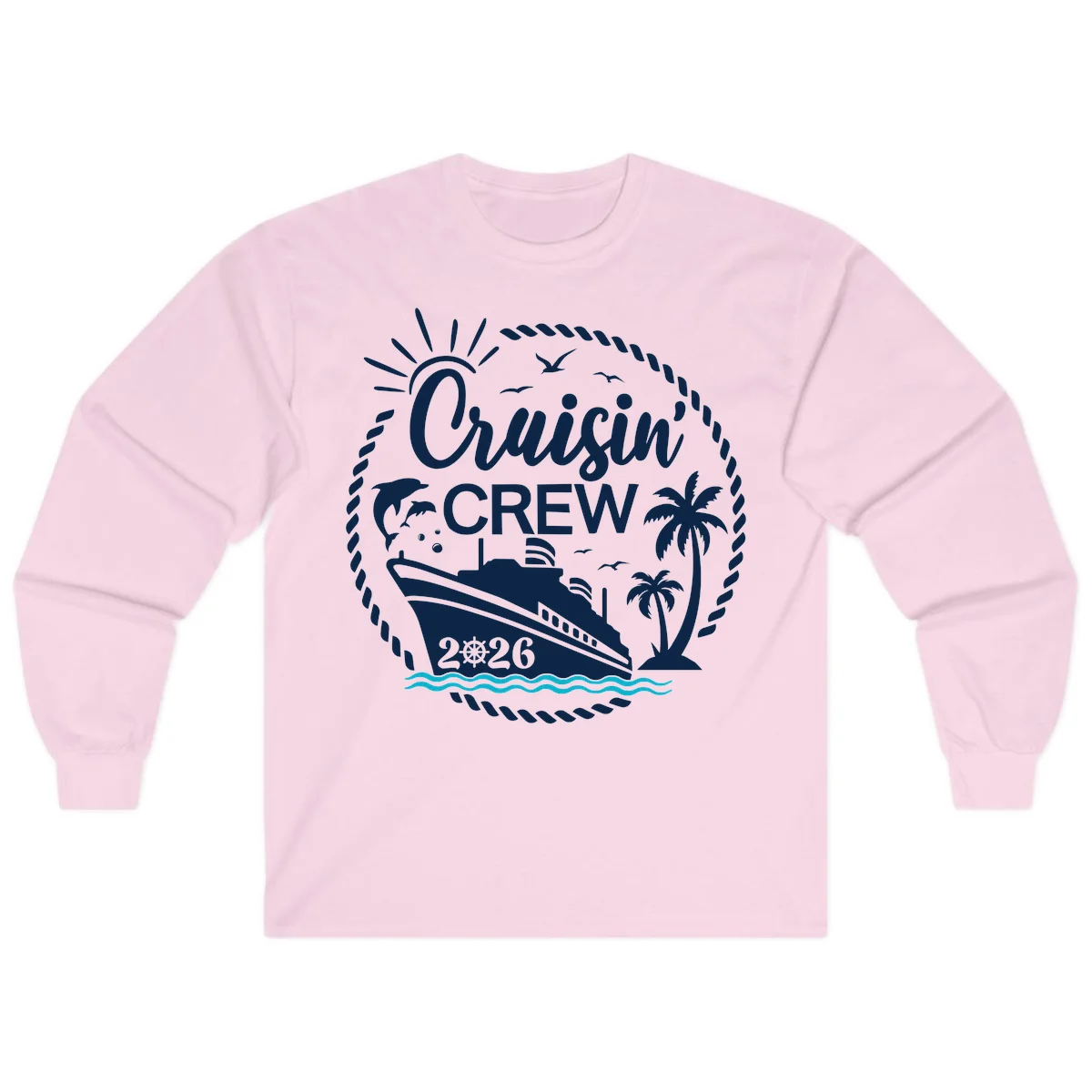 Cruisin' Crew 2026 Tropical Nautical Badge Long Sleeve Tee in Light Pink