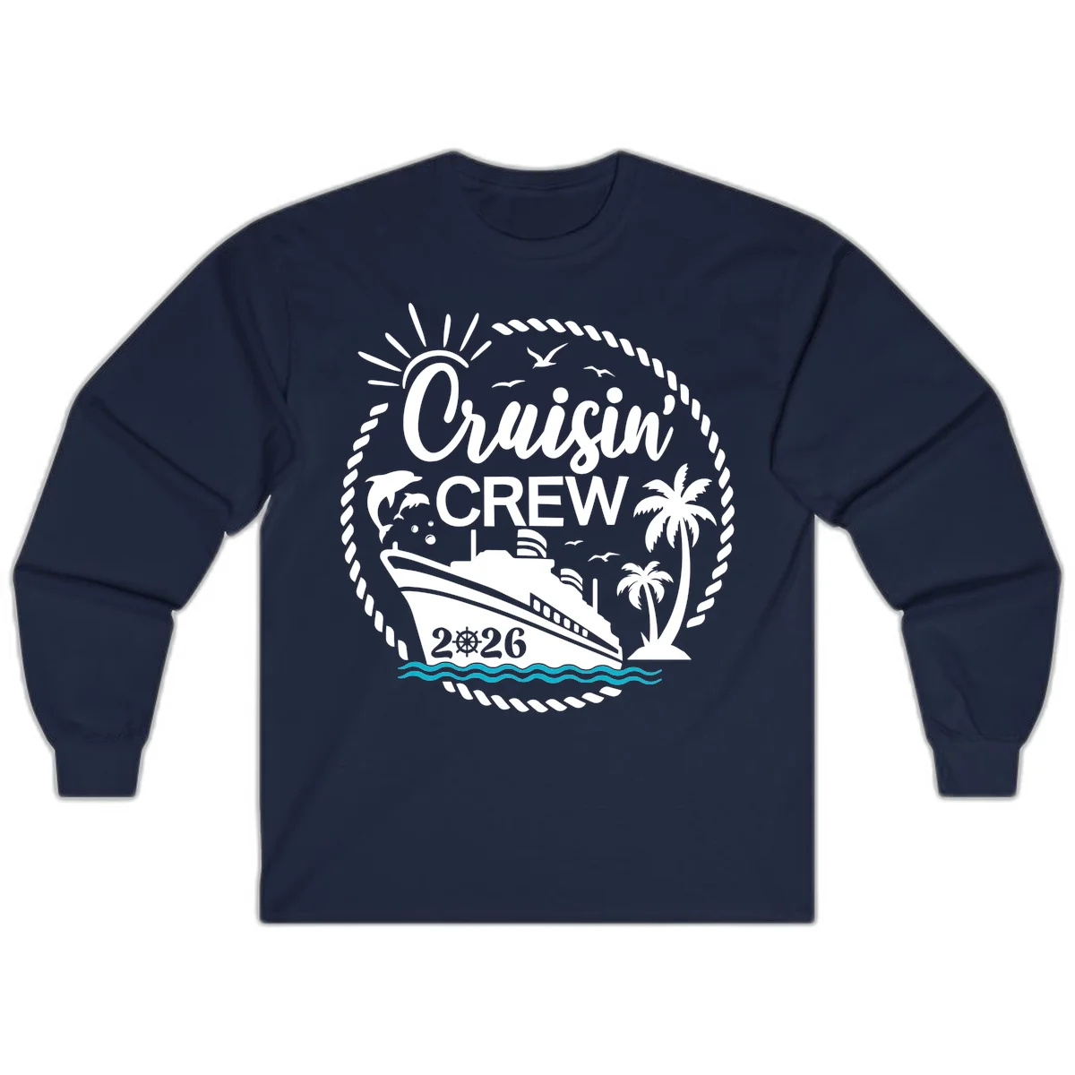 Cruisin' Crew 2026 Tropical Nautical Badge Long Sleeve Tee in Navy