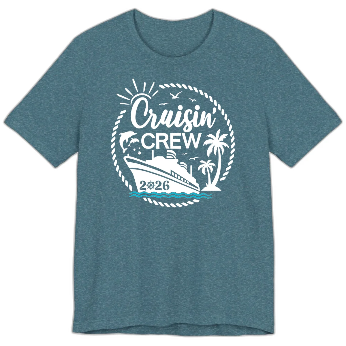 Cruisin' Crew 2026 Tropical Nautical Badge Premium T-Shirt in Heather Deep Teal