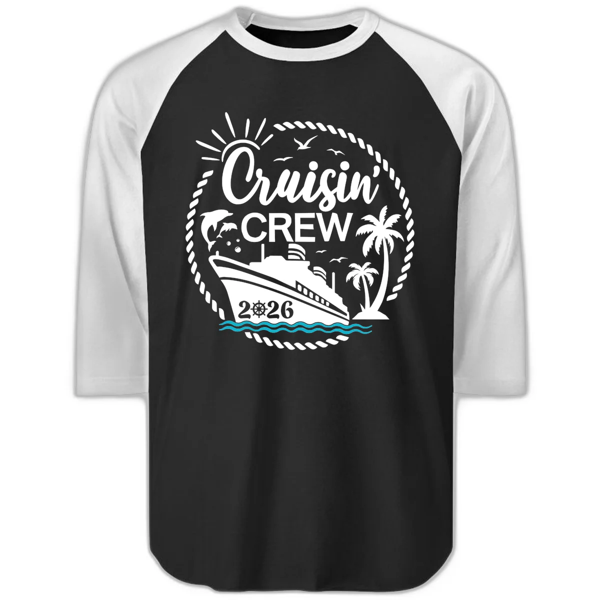 Cruisin' Crew 2026 Tropical Nautical Badge Raglan 3/4 Sleeve in Black White