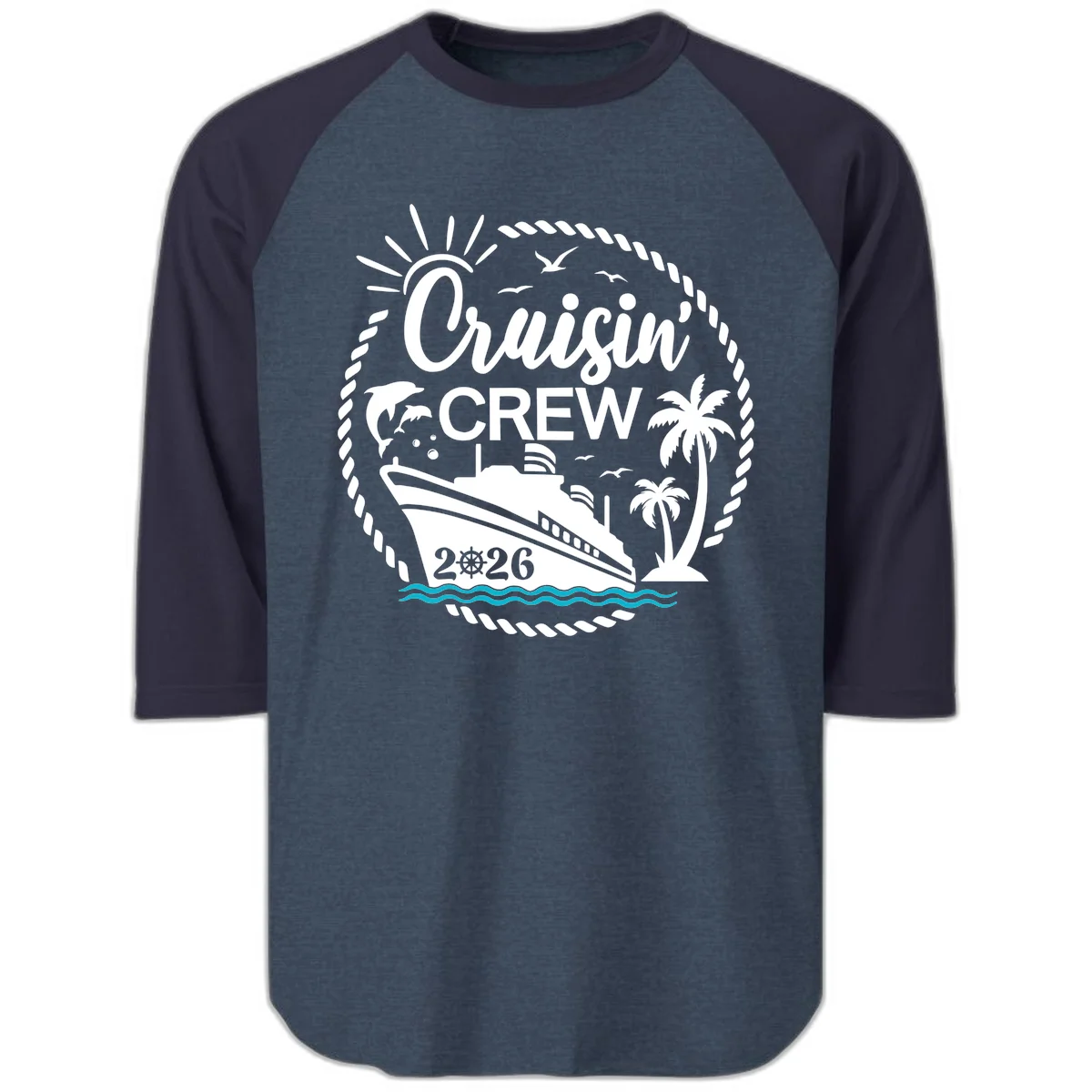Cruisin' Crew 2026 Tropical Nautical Badge Raglan 3/4 Sleeve in Heather Denim Navy